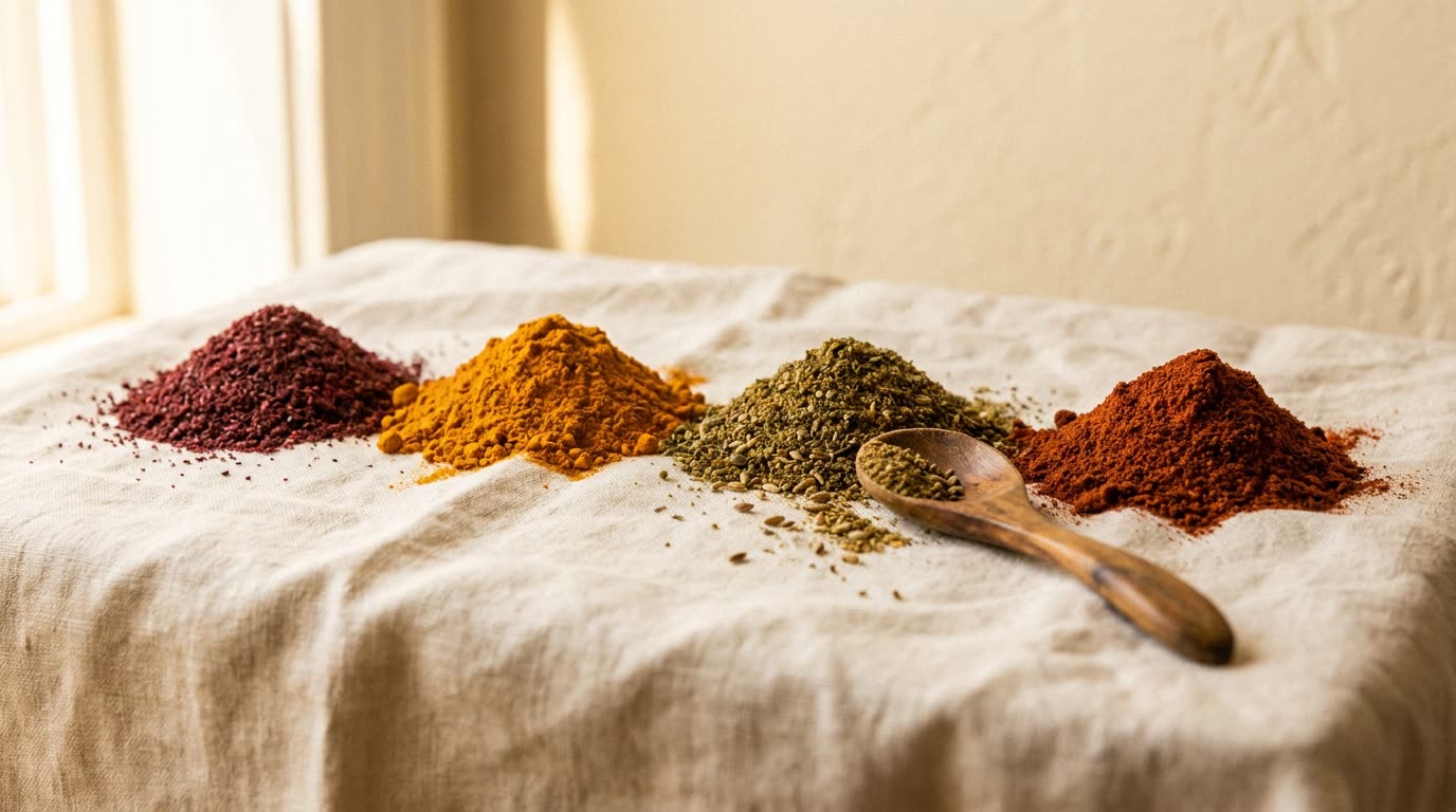 Piles of warm Middle Eastern spices: cumin, sumac, baharat and cinnamon